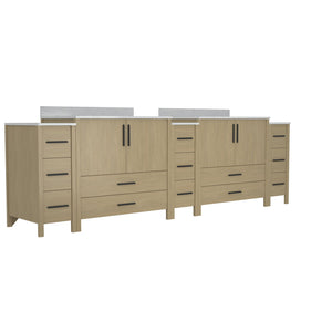 English Elm 108"w×22"d×34"h Freestanding Double Sink Vanity with White Countertop Soft Close T3785S00009
