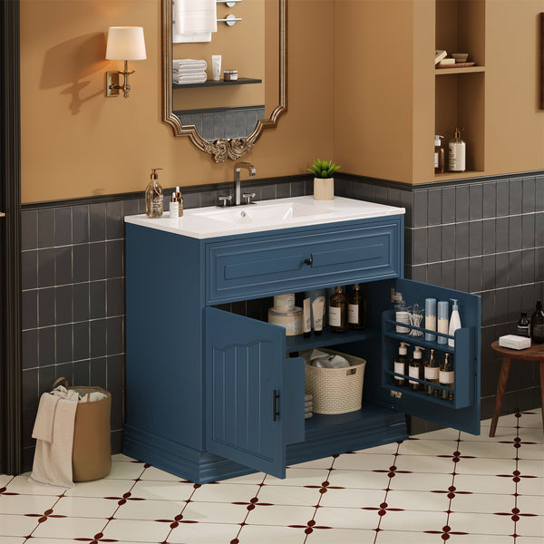 English Elm 36" Luxurious Bathroom Vanity with Ceramic Sink and Soft-Close Doors, Solid Wood Frame, Adjustable Shelves Blue N710P288944C
