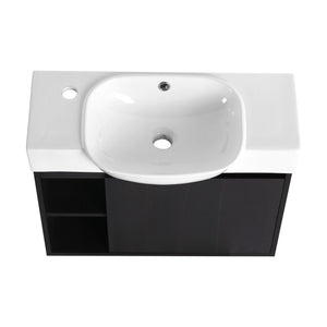 English Elm 26'' Wall-Mounted Bathroom Vanity with Glossy White Ceramic Sink, Soft-Close Door & Waterproof Finish Dark Oak W999P310759