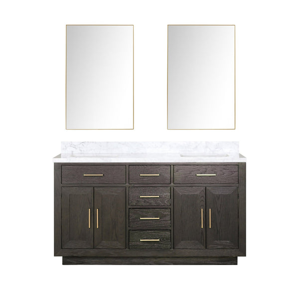 English Elm Brown Oak Double Bath Vanity Set With Carrara Marble Top & Mirrors – Elegant 60" Design For Luxury B2731S01531