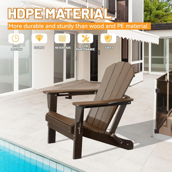 English Elm Adirondack Hdpe Folding Chair Set Outdoor Patio Fire Pit Seating with Cup Holder Brown W1859P453286