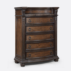 English Elm 1pc Marble Top Five Drawers Tall Chest with Intricate Moldings, Curved Silhouette & Antiqued Hardware Brown,Coffee 48 L x 23.5 W x 58.25 H B2741P366085