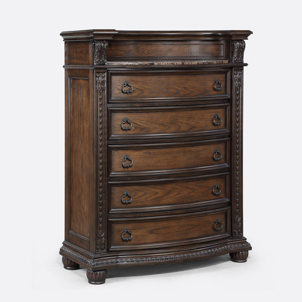 English Elm 1pc Marble Top Five Drawers Tall Chest with Intricate Moldings, Curved Silhouette & Antiqued Hardware Brown,Coffee 48 L x 23.5 W x 58.25 H B2741P366085
