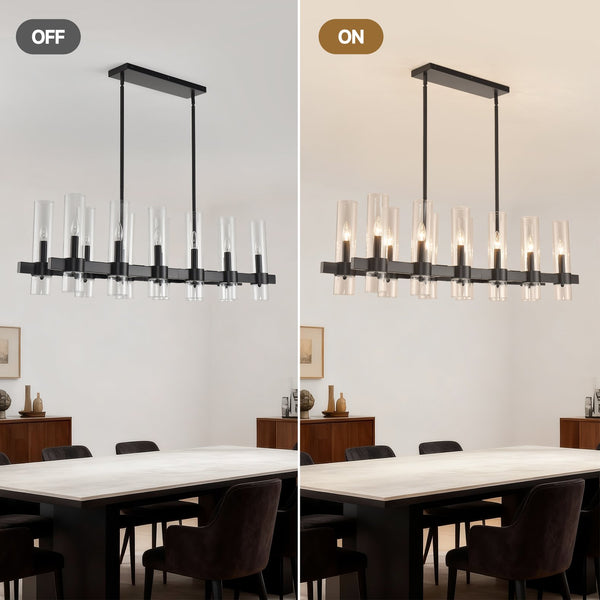 English Elm Black Linear Chandelier 12 Light Seeded Glass Farmhouse Fixture for Dining Rooms W5008P392744