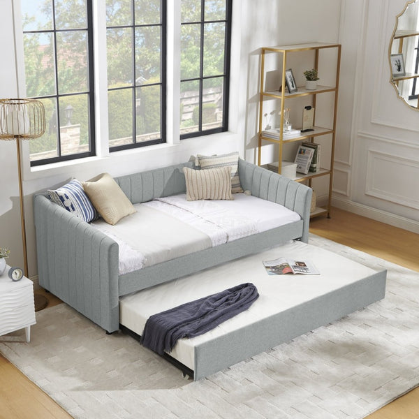 English Elm Twin Size Daybed With Trundle - Stylish Grey Linen Upholstered Sofa Bed With Vertical Stripes W1413S00089-GIGA