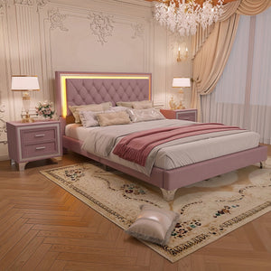 English Elm 3-Pieces Tufted Upholstered Platform Bed with Romantic LED Headboard and Two Storage Nightstands Pink 63.98 L x 23.23 W x 5.91 H N733S183659H