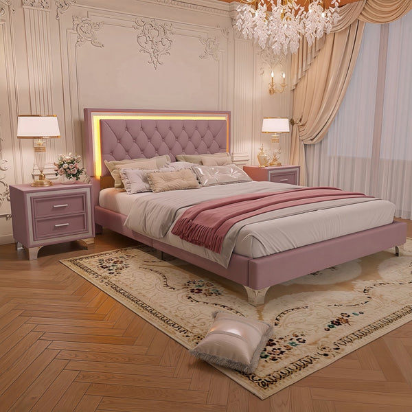 English Elm 3-Pieces Tufted Upholstered Platform Bed with Romantic LED Headboard and Two Storage Nightstands Pink 63.98 L x 23.23 W x 5.91 H N733S183659H