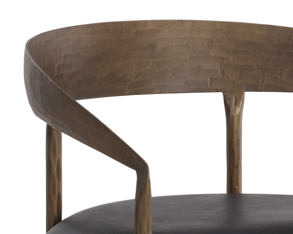 Sunpan Zanatta Dining Armchair – Handcrafted Antique Brass Frame with Unique Hammered Metal Detailing Charcoal Black Leather