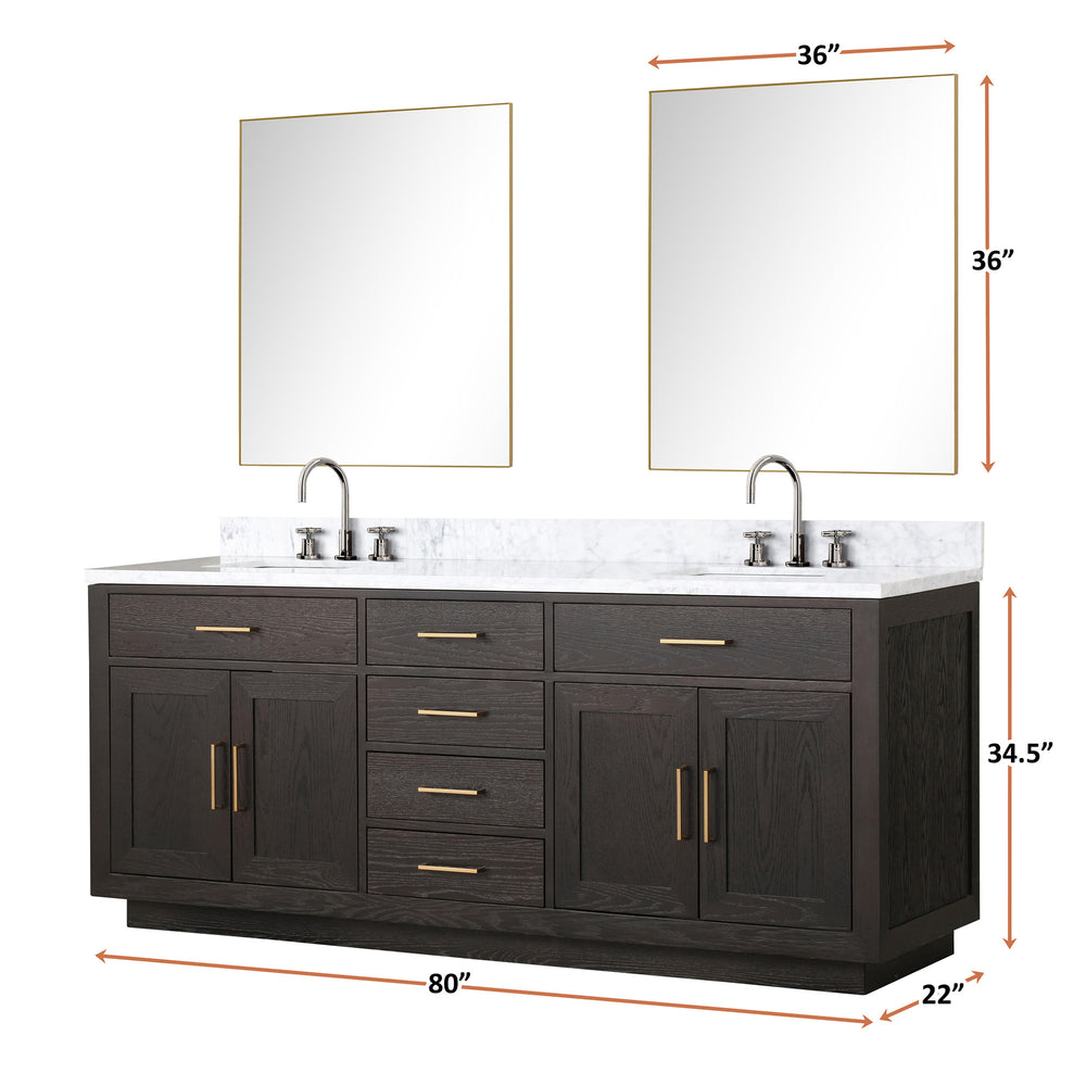 English Elm Brown Oak Double Bath Vanity With Carrara Marble Top, Soft-Close Drawers & 2 Frameless Mirrors B2731S01543
