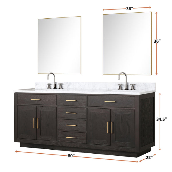 English Elm Brown Oak Double Bath Vanity With Carrara Marble Top, Soft-Close Drawers & 2 Frameless Mirrors B2731S01543