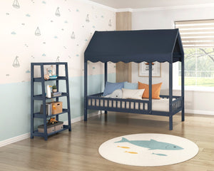 English Elm Navy Solid Wood Twin Canopy Bed Scalloped Fabric Cover Cottage Style Kids Bedroom B011P462897