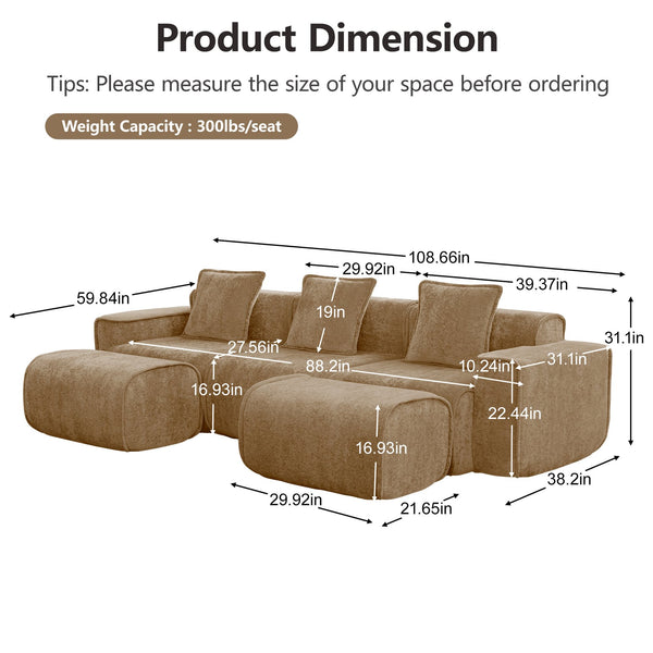 English Elm Streamlined Velvet U-shape Modular Sectional with Ottomans and French Piping Detail W3041S00374