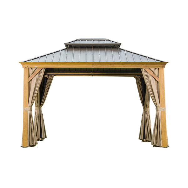 English Elm 10' X 14' Hardtop Gazebo – Durable Metal Canopy With Wood-Grain Frame, Curtains, & Weather Defense W1859S00164