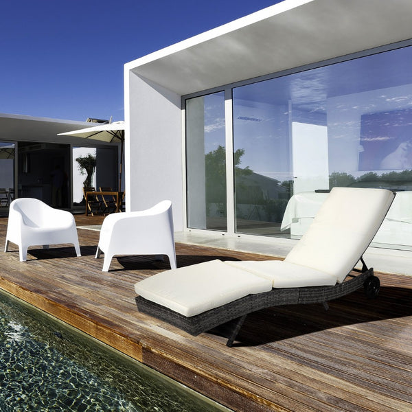 English Elm Outsunny Wicker Chaise Lounge Chair - Elegant Cream Outdoor Lounger With Adjustable Backrest & Wheels W2225P200439-GIGA