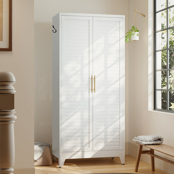 English Elm White Steel Freestanding Wardrobe Cabinet with Rod and Shelves for Dorm or Apartment T2398P480394