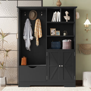 English Elm Multi-functional Entryway Hall Tree with Hooks Bench Drawer Cabinet in Matte Black W1307S00034