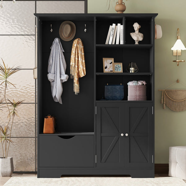 English Elm Multi-functional Entryway Hall Tree with Hooks Bench Drawer Cabinet in Matte Black W1307S00034