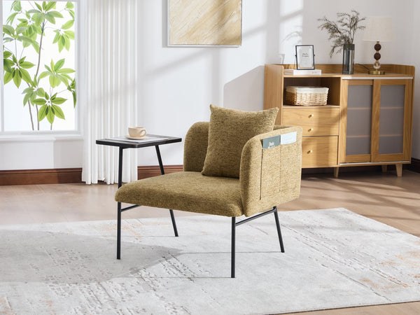 English Elm Leisure Linen Accent Chair with Built-in Side Table Pockets and Lumbar Pillow Modern Yellow W395P453313