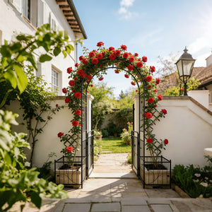 English Elm Metal Garden Arch with Planter Stands Powder Coated Steel Climbing Rose Support W158681132