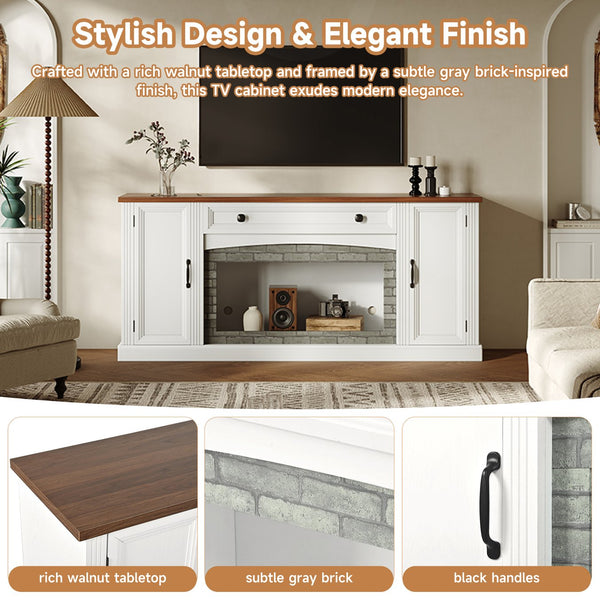 English Elm Elegant Walnut Media Console with Gray Brick Base Open Bay and Adjustable Shelving White N721P394506K