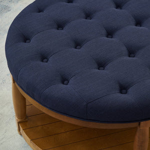 English Elm Large Round Tufted Ottoman Coffee Table with Wood Shelf for Living Room Lounge Navy Blue W2186P212195