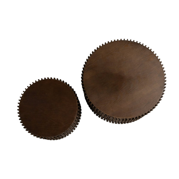 English Elm Vintage Cylindrical Nesting Coffee Table Set, Textured Embossed Wood Accent Tables for Living Room Dark Brown W757P195739