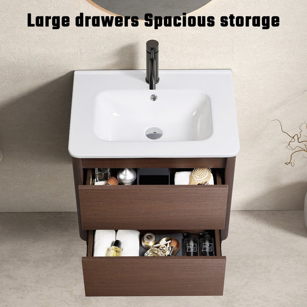 English Elm 24" Wall Mounted Bathroom Vanity with Porcelain Sink and Single Storage Drawer W3402S00003