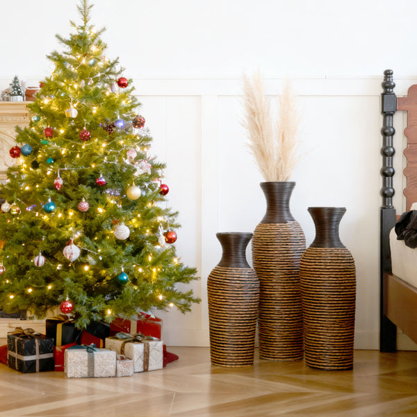 English Elm 3-piece modern PVC floor vase set with tall standalone racks for artificial branches and decor accents Beige+Black W2796P261501