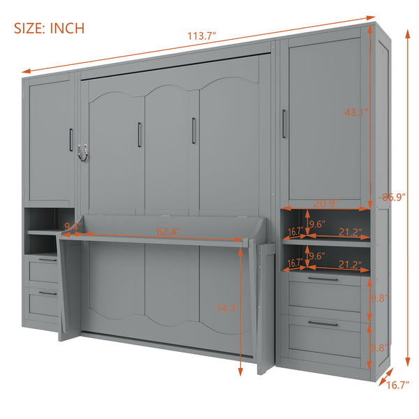 English Elm Queen Murphy Fold Down Wall Bed with Wardrobe Drawers and Shelves for Guest Rooms Gray LP000909AAE-2