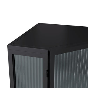 English Elm 22.25'' Floor Corner Cabinet with Tempered Glass Doors, Three-Tier Metal Frame Storage for Home Black W757P180792