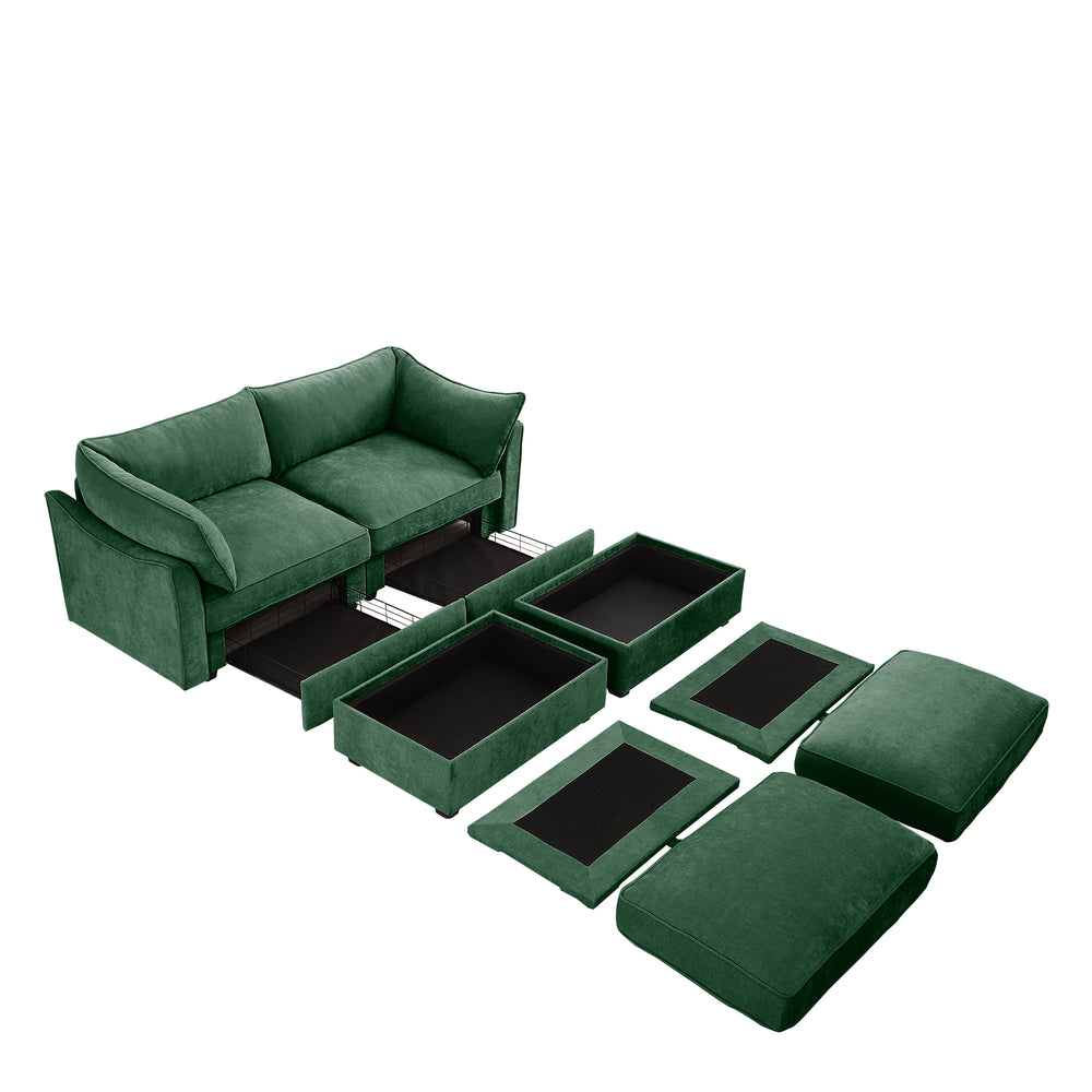 English Elm 2 Seater Sofa With Movable Ottomans & Hidden Storage Drawers, Elegant Chenille Green Design W3041S00184