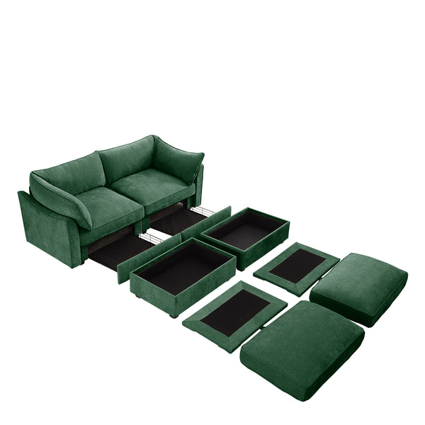 English Elm 2 Seater Sofa With Movable Ottomans & Hidden Storage Drawers, Elegant Chenille Green Design W3041S00184