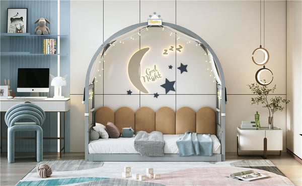 English Elm Twin Pinewood Ground-Level Canopy Bed with Arched Roof and Trundle for Kids—Whimsical, Sturdy Design Gray N820P181648E