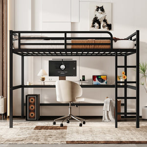 English Elm Metal Queen Size Loft Bed With Integrated Desk, Led Lighting, Power Outlet & Space-Saving Design W1580S00182