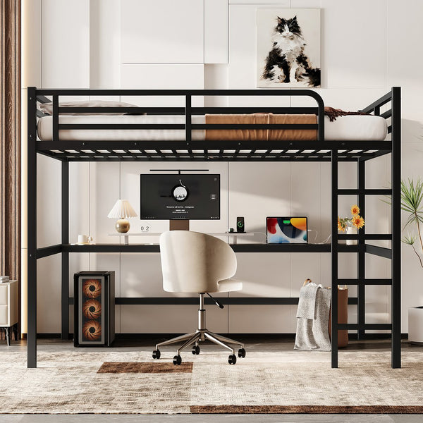 English Elm Metal Queen Size Loft Bed With Integrated Desk, Led Lighting, Power Outlet & Space-Saving Design W1580S00182