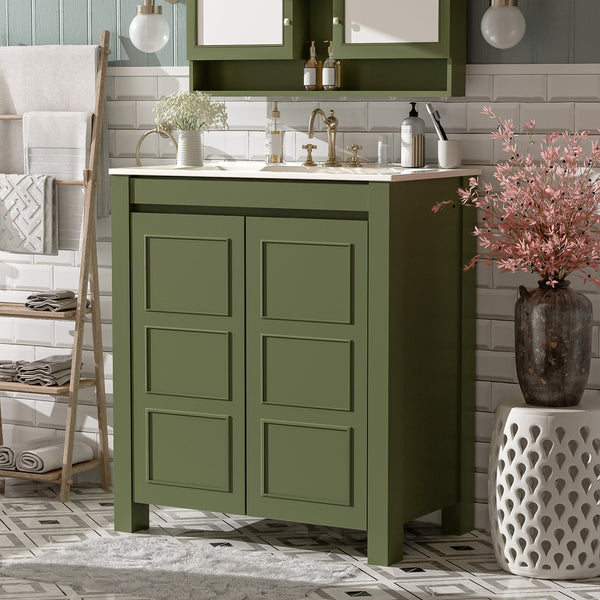 English Elm 30'' 30'' Farmhouse Bathroom Vanity Olive Green with Ceramic Sink, Adjustable Shelves, Soft-Close Doors, Rustic Wood Frame N729P290712F