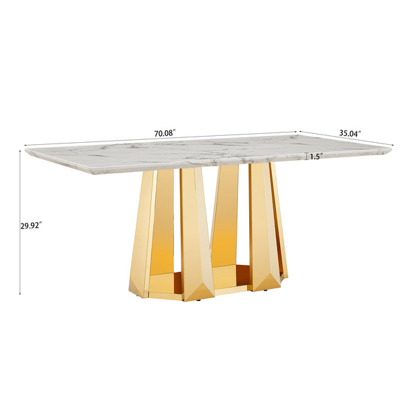 English Elm Marble Dining Table For 6-8, 70'' Rectangle Faux Marble Design With Elegant Gold Stainless Steel Base W3456S00011