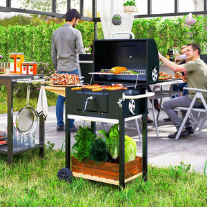 English Elm Outsunny Barrel Charcoal Grill with Side Table Shelf Wheels and Lid Thermometer W2225P485632