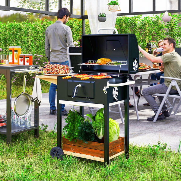 English Elm Outsunny Barrel Charcoal Grill with Side Table Shelf Wheels and Lid Thermometer W2225P485632
