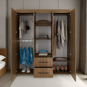 English Elm Stained Walnut Four Door Wardrobe with Rods Shelves and Drawers for Bedroom B062S01863