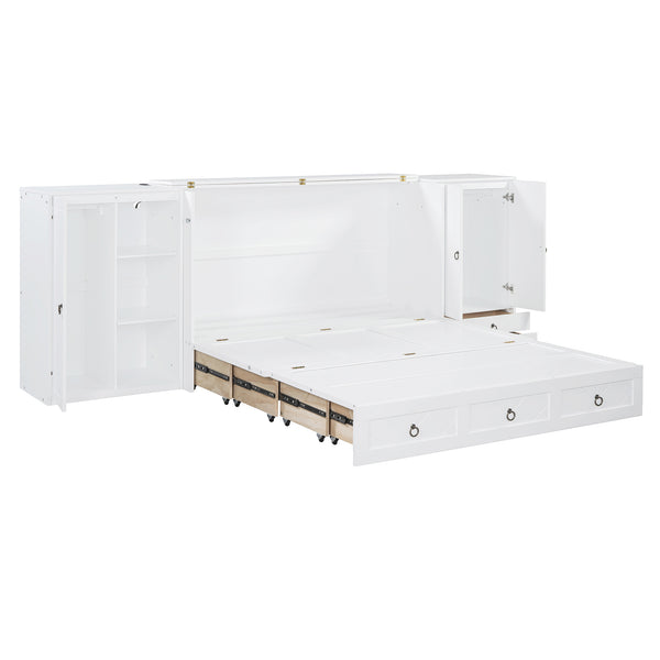 English Elm Queen Murphy Bed with Wardrobe Cabinets Built-in Usb Charging and Concealed Drawers White LP000590AAK