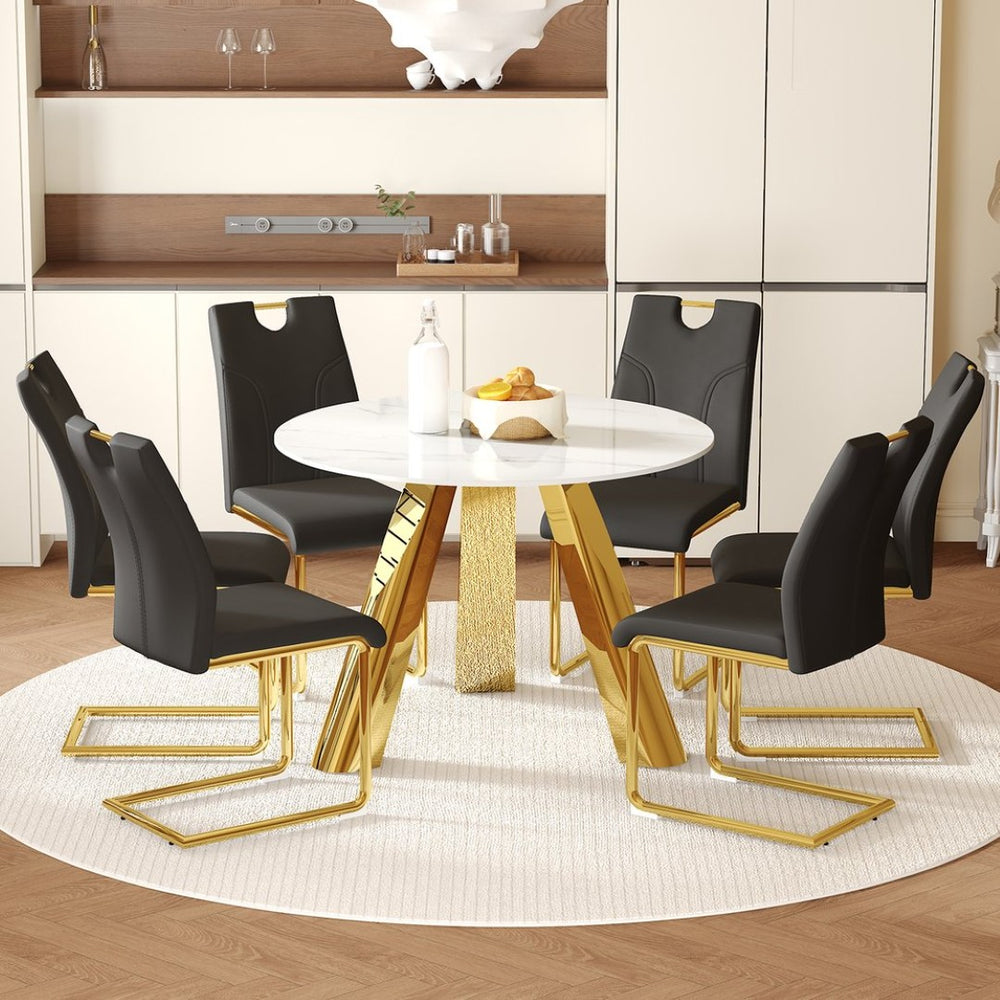 English Elm Table 7-Piece Dining Set With Snow Mountain White Sintered Stone Top & Stylish Black Chairs With Gold Legs W2920S00048-GIGA