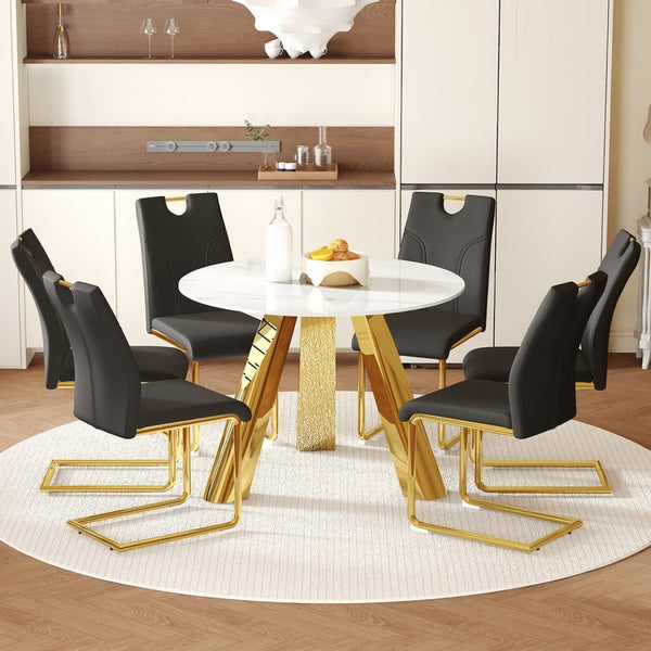 English Elm Table 7-Piece Dining Set With Snow Mountain White Sintered Stone Top & Stylish Black Chairs With Gold Legs W2920S00048-GIGA