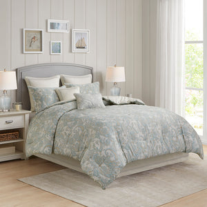 JLA Home Harbor House Blue - Cotton Harbor House Chelsea Euro Sham in Ivory Paisley with Blue & Khaki Embroidered Satin-Stitch Border HH11-496