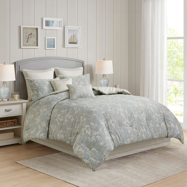 JLA Home Harbor House Blue - Cotton Harbor House Chelsea Euro Sham in Ivory Paisley with Blue & Khaki Embroidered Satin-Stitch Border HH11-496