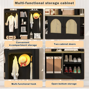 English Elm Multi-functional Hall Tree with Mdf Body Open Shelves Hooks and Scandinavian Two-tone Style Black+Natural SJ000158AAB