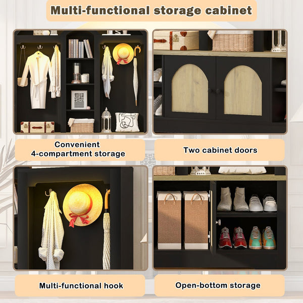 English Elm Multi-functional Hall Tree with Mdf Body Open Shelves Hooks and Scandinavian Two-tone Style Black+Natural SJ000158AAB