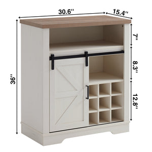 English Elm Farmhouse Sliding Barn Door Wine Cabinet with Thick Top, Rustic Oak & Antique White Finish, Space-Saving Storage W3151P264504