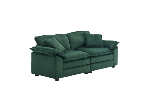 English Elm Corduroy Plush 2-Seat Sofa with 2 Back Cushions, Toss Pillows & Ottomans — Deep Seat Comfort Green W2363S00065