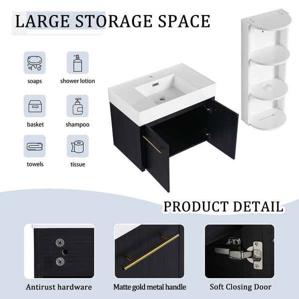English Elm 30 Inch Wall-Mounted Vanity Set With Thick Resin Sink & 3-Tier Storage Rack For Stylish Bathrooms W999S00367